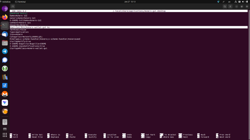 Editing the Monero Wallet configuration file to set the location for the application