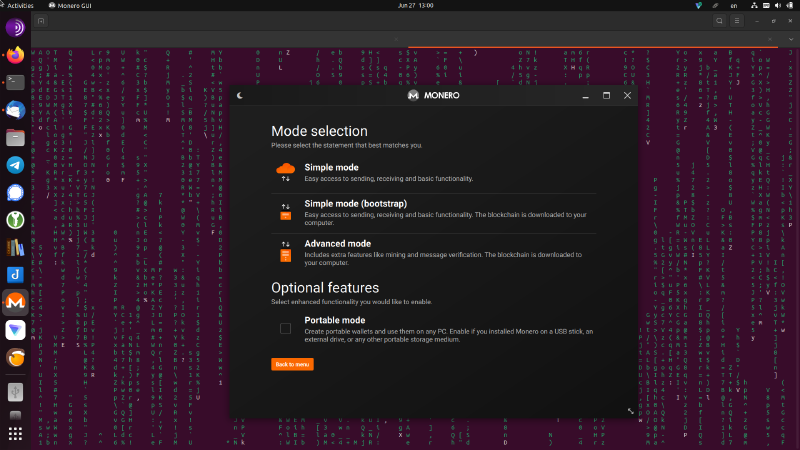 The Monero Wallet GUI mode selection screen