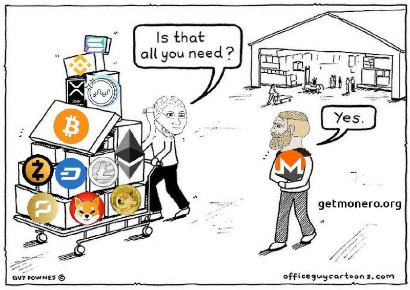 Cartoon: a shopper wheels a trolley overloaded with boxes of assorted cryptocurrency coins and asks “Is that all you need?” — a man carrying a single Monero logo replies “Yes.”