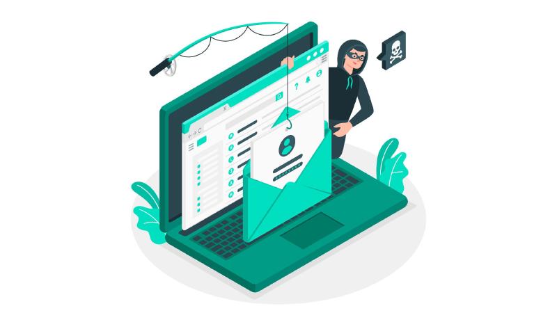 Isometric illustration of a hooded scammer behind a laptop, dangling a fishing hook over an open email envelope that holds login credentials