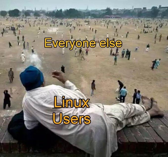 Meme: a giant man labelled “Linux Users” reclines calmly on a wall, gazing over a field of tiny scattered figures labelled “Everyone else”