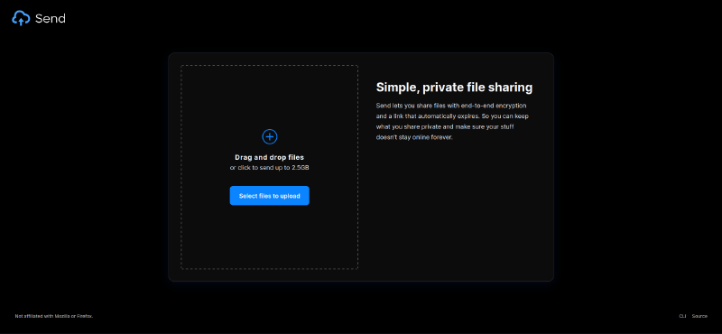 The [noiz] – send upload page: a dark interface titled “Simple, private file sharing” with a drag-and-drop area and a “Select files to upload” button