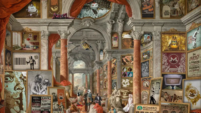 Classical picture-gallery collage crowded with framed Monero and privacy-themed artworks, including Monero logos, propaganda-style posters, and a Monero Research Lab plaque