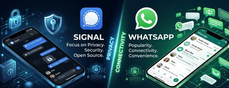 Signal and WhatsApp compared side by side: Signal focused on privacy, security and open source; WhatsApp on popularity, connectivity and convenience
